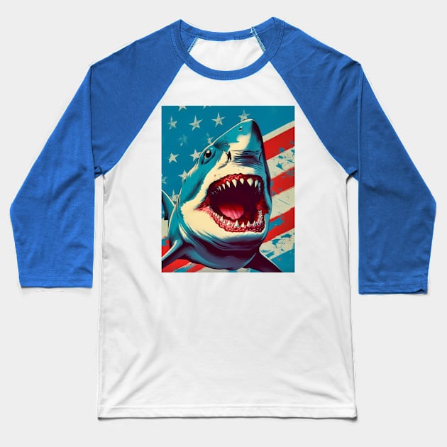 American Flag Patriotism and Freedom Great White Shark Baseball T-Shirt by Unboxed Mind of J.A.Y LLC 